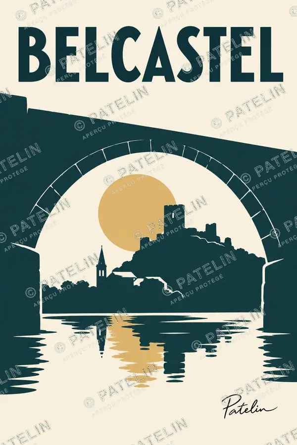 Illustration Belcastel — Le château sous l’arche du pont, style Minimal
