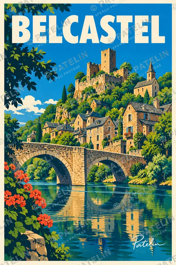 Belcastel — Le pont et le village, illustration Pop