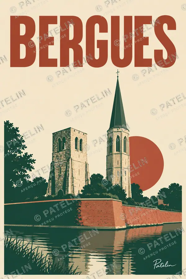 Illustration Bergues — Le beffroi et les remparts, style Minimal