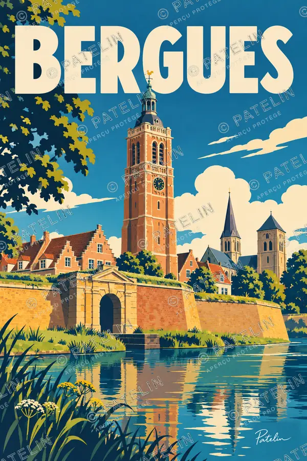 Illustration Bergues — Le beffroi et les remparts, style Pop