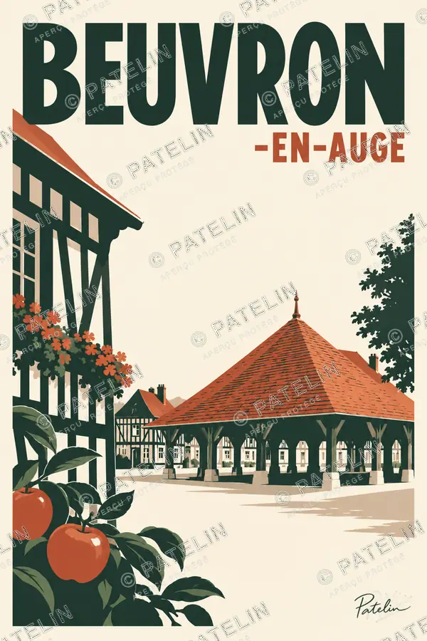 Illustration Beuvron-en-Auge — La halle et les colombages, style Minimal