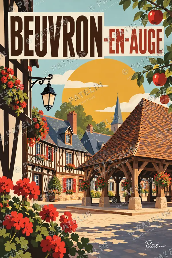 Illustration Beuvron-en-Auge — La halle et les colombages, style Pop