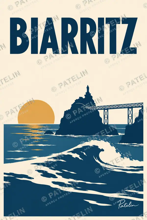 Illustration Biarritz — Le rocher dans les vagues, style Minimal