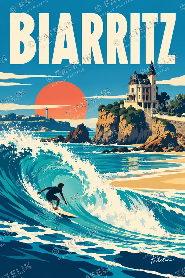 Illustration Biarritz — La vague et les villas, style Pop