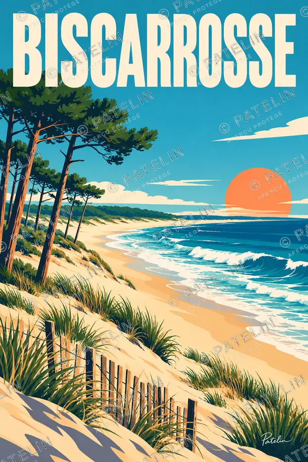 Illustration Biscarrosse — La plage et les dunes, style Pop