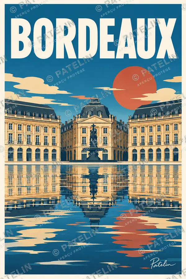 Illustration Bordeaux — La place de la Bourse et le miroir d’eau, style Pop
