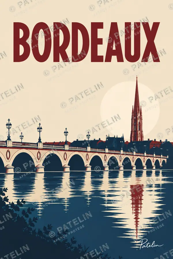 Illustration Bordeaux — Le pont de pierre et ses reflets, style Minimal