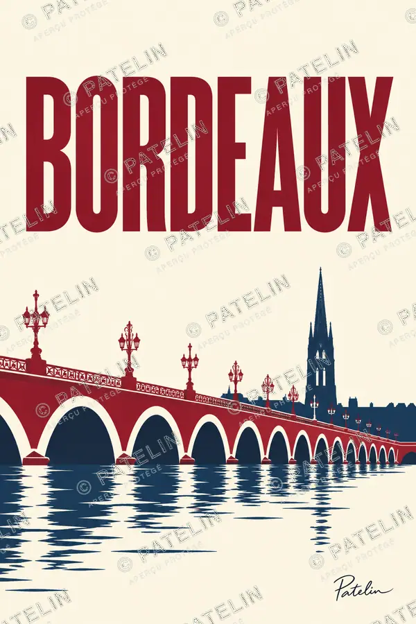 Illustration Bordeaux — Le pont de pierre en rouge, style Minimal