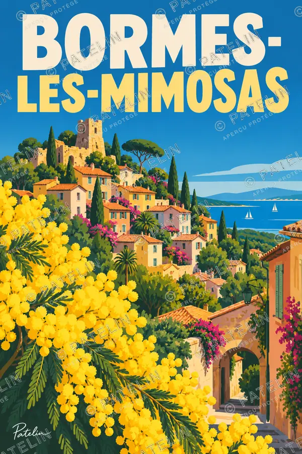 Illustration Bormes-les-Mimosas — Le village dans les mimosas, style Pop