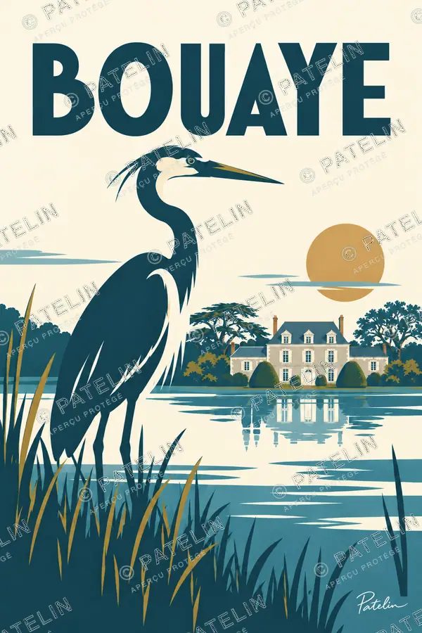Illustration Bouaye — Le héron au bord de l’étang, style Minimal