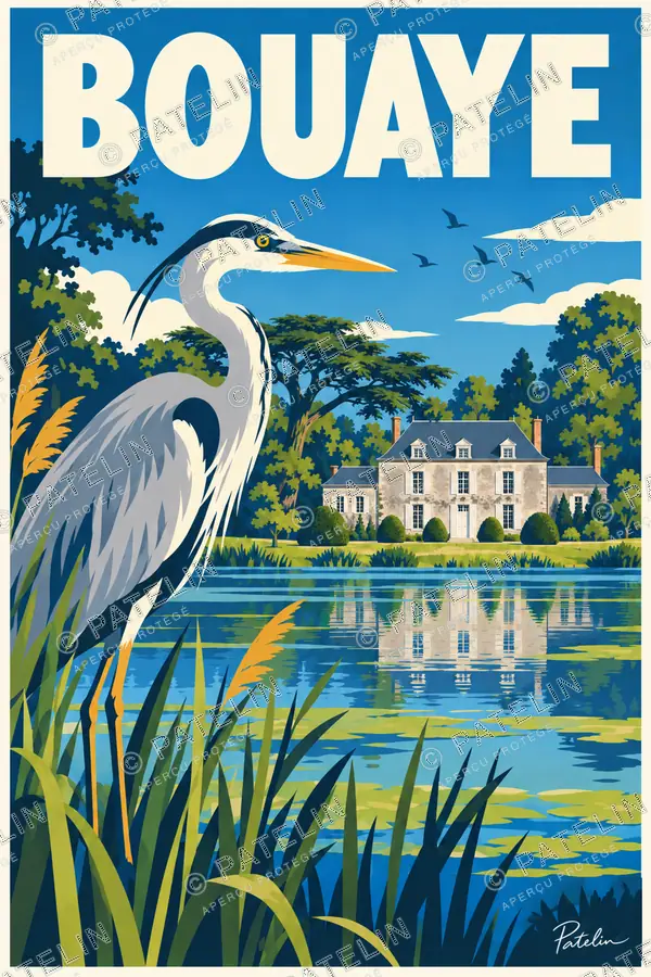 Illustration Bouaye — Le héron au bord de l’étang, style Pop