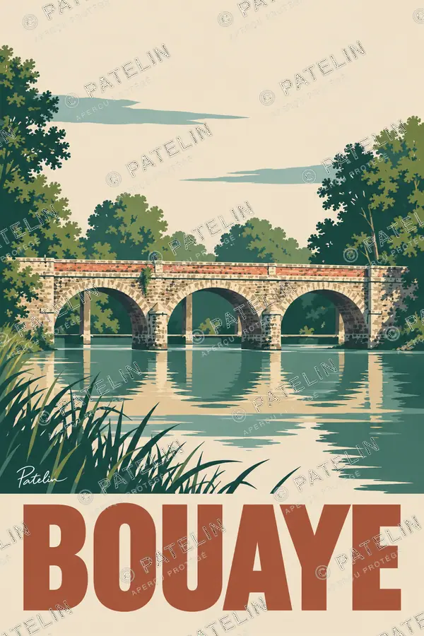 Illustration Bouaye — Le pont de pierre et ses reflets, style Minimal
