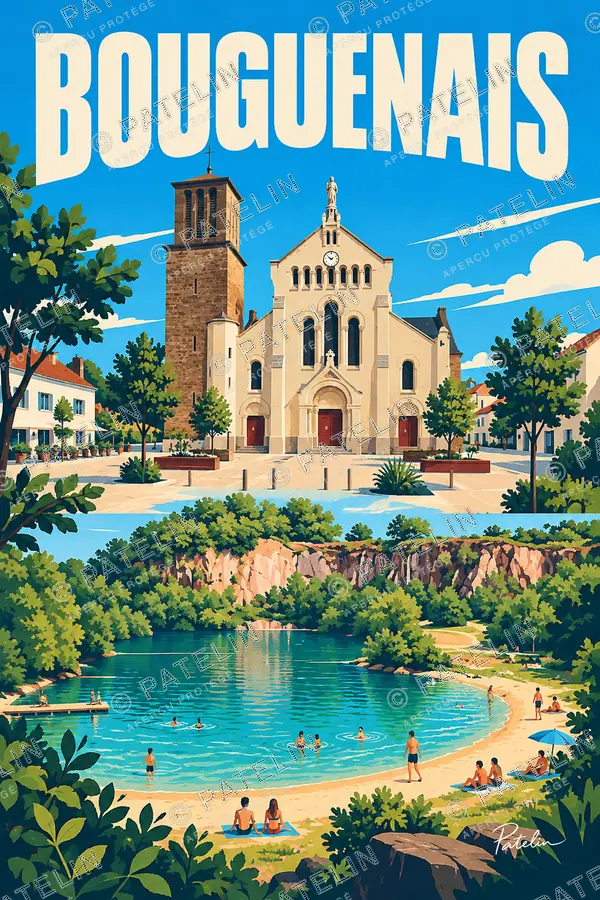 Illustration Bouguenais — L’église et la Roche Ballue, style Pop