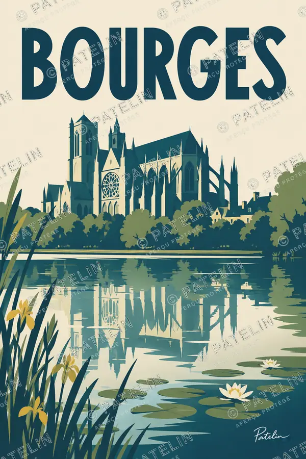 Illustration Bourges — La cathédrale et les marais, style Minimal