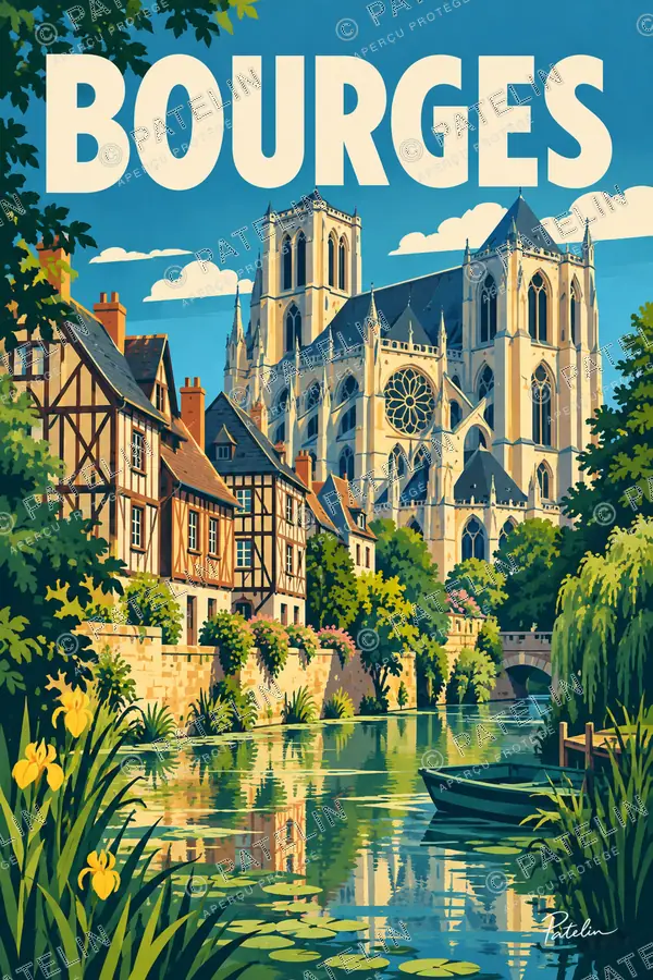 Illustration Bourges — La cathédrale et les maisons, style Pop