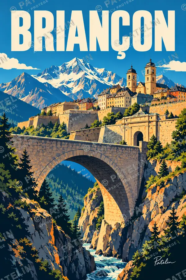 Illustration Briançon — Le pont au pied de la cité, style Pop