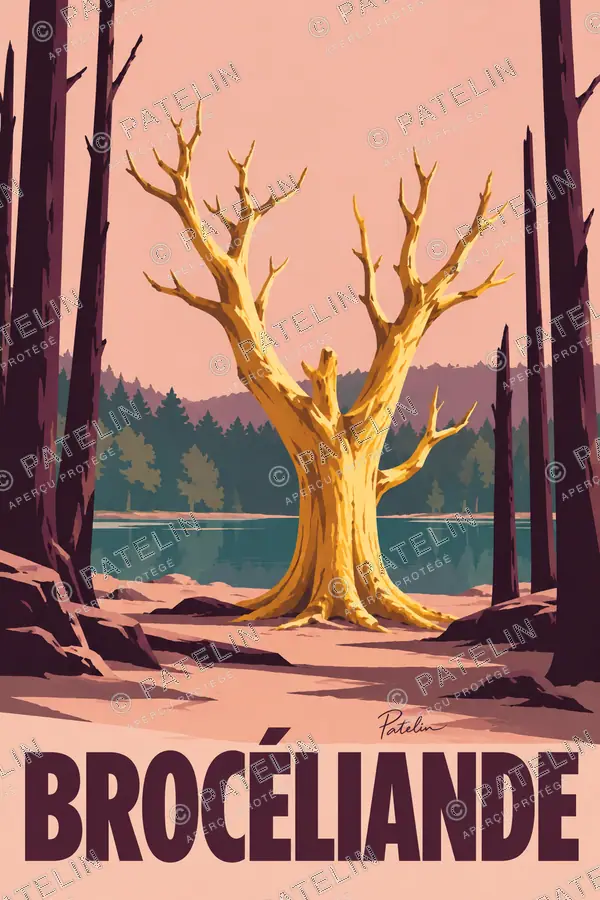 Illustration Brocéliande — L’arbre au bord de l’eau, style Minimal