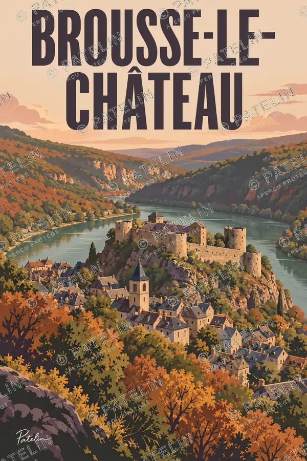 Illustration Brousse-le-Château — Le château dans la boucle de la rivière, style Pop
