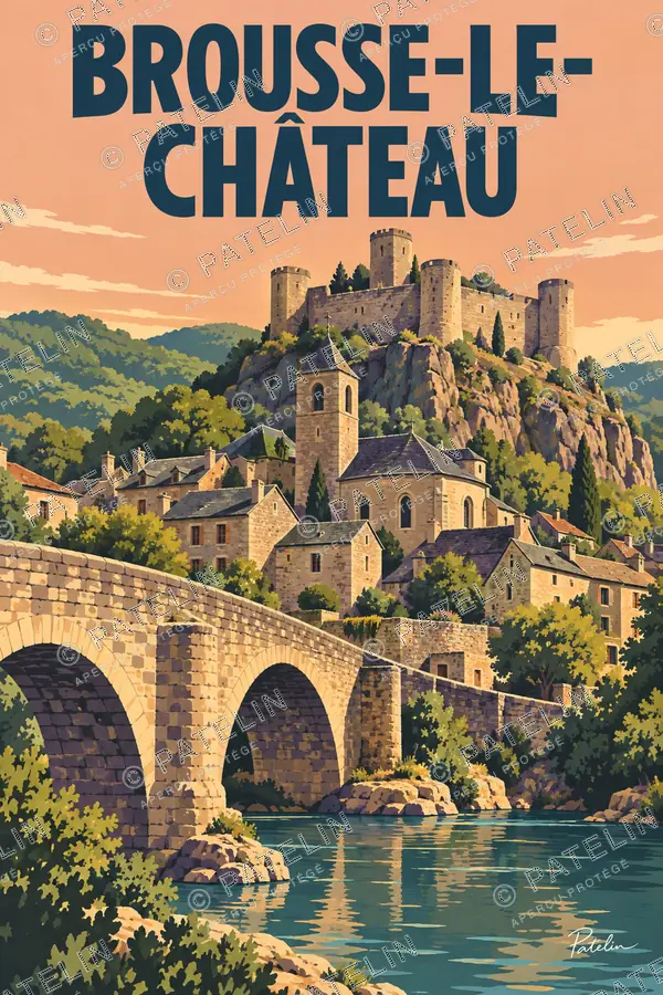 Illustration Brousse-le-Château — Le pont et le château, style Pop