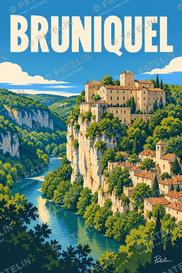 Illustration Bruniquel — Les châteaux au-dessus de la rivière, style Pop