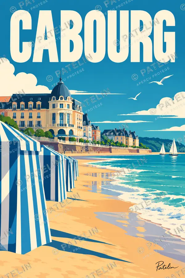 Illustration Cabourg — Les cabines et le Grand Hôtel, style Pop