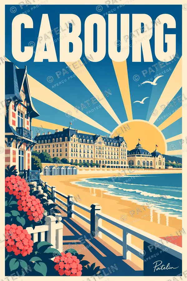 Illustration Cabourg — Le Grand Hôtel au soleil, style Pop