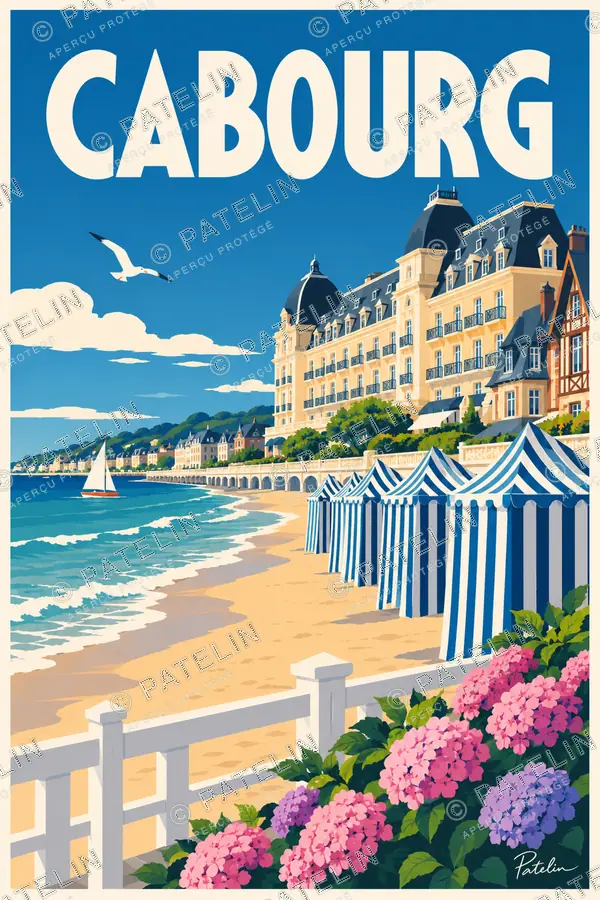 Illustration Cabourg — Le Grand Hôtel et les hortensias, style Pop