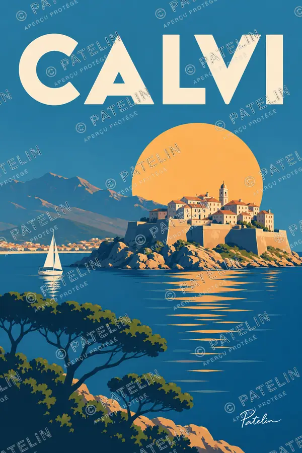 Illustration Calvi — La citadelle au soleil couchant, style Minimal