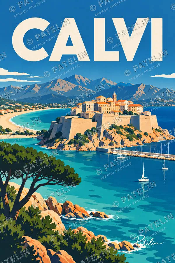 Illustration Calvi — La citadelle et la baie, style Pop