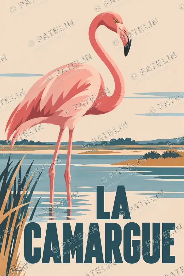 Illustration Camargue — Le flamant au bord de l’eau, style Minimal