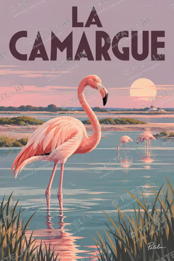 Illustration Camargue — Le flamant dans les marais, style Pop