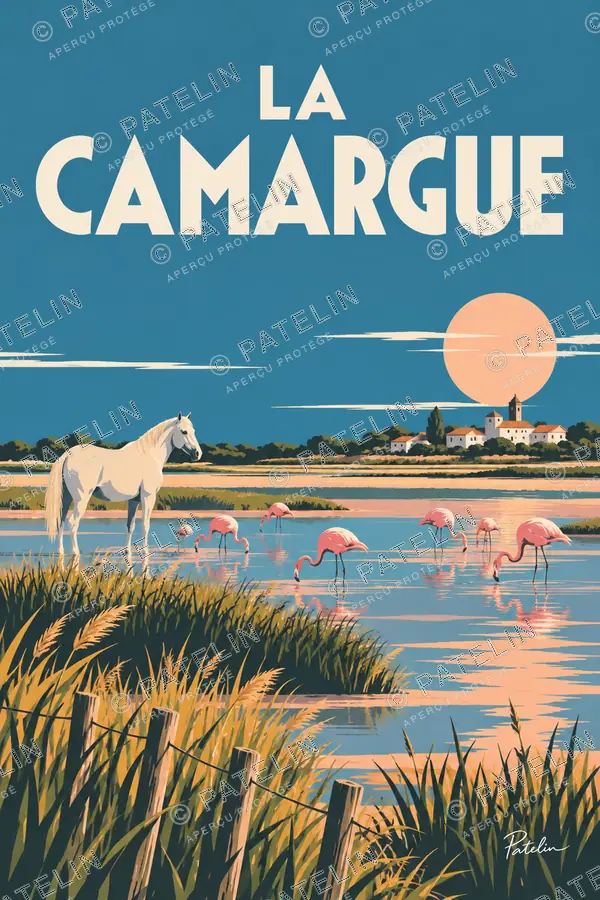 Illustration Camargue — Le cheval et les flamants, style Minimal