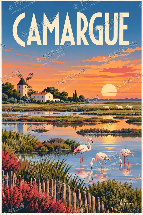 Illustration Camargue — Les marais au couchant, style Pop