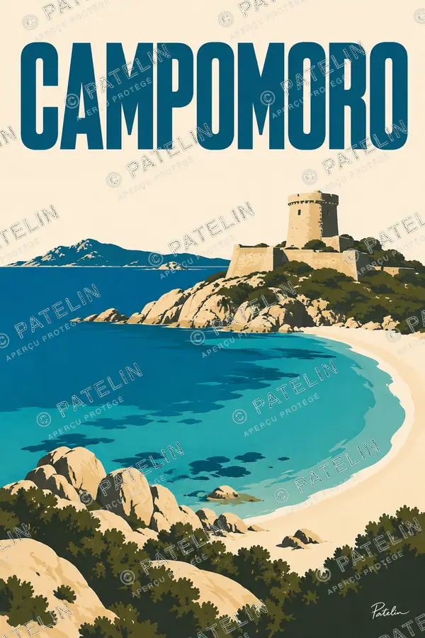 Illustration Campomoro — La tour génoise et la baie, style Minimal