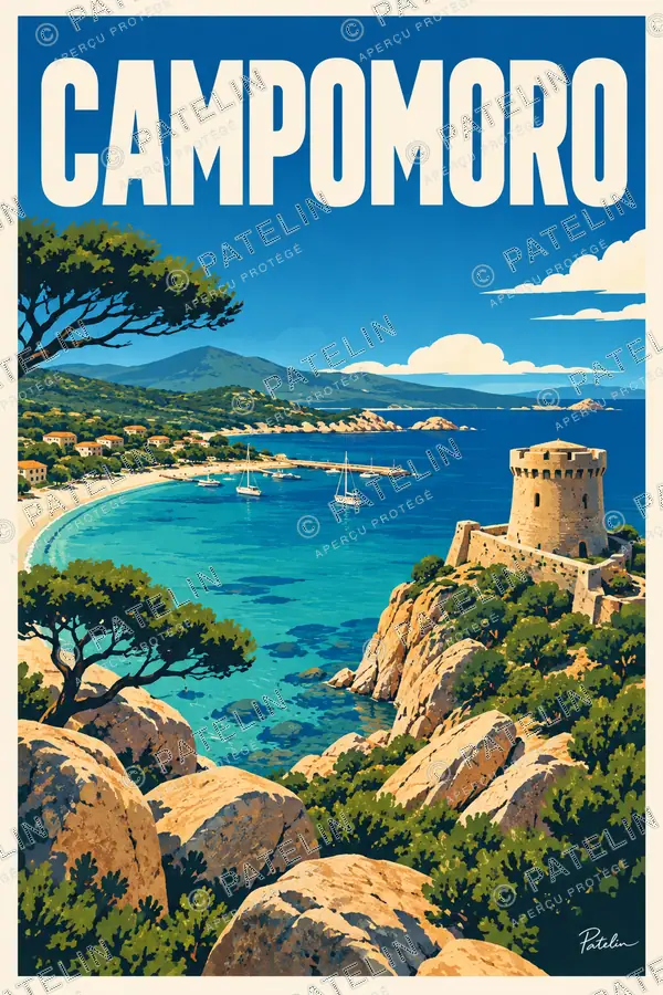 Illustration Campomoro — La tour génoise et la baie, style Pop