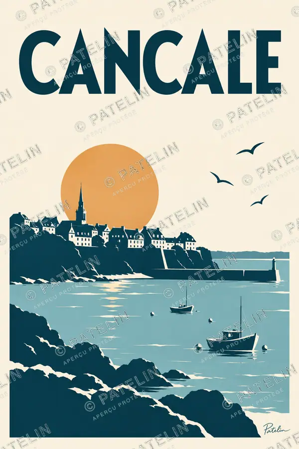 Illustration Cancale — Le port et le clocher au couchant, style Minimal