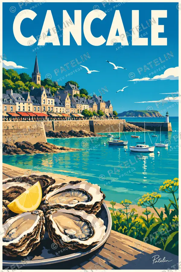 Illustration Cancale — Les huîtres face au port, style Pop