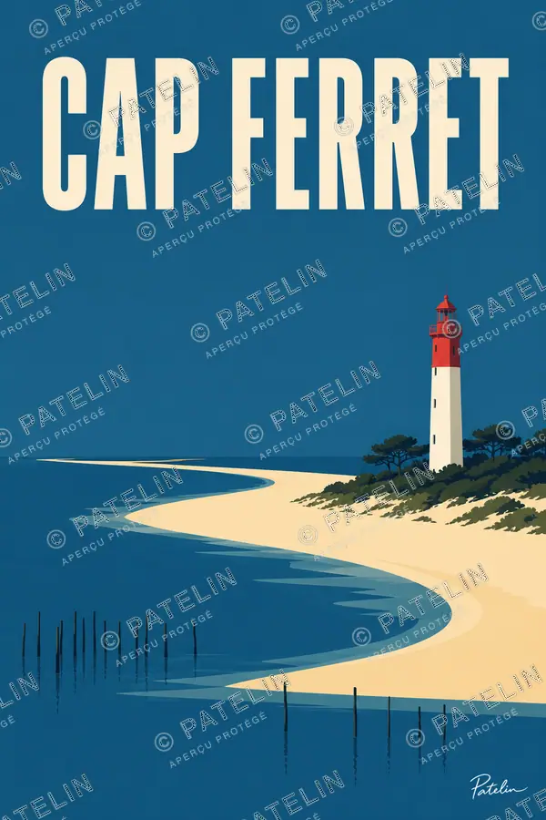 Illustration Cap Ferret — Le phare et la langue de sable, style Minimal