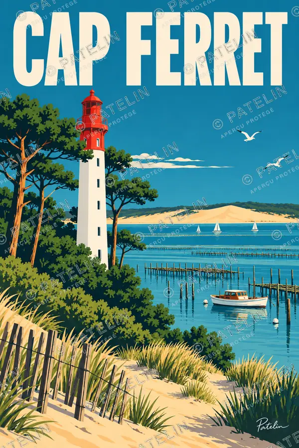 Illustration Cap Ferret — Le phare entre dunes et bassin, style Pop