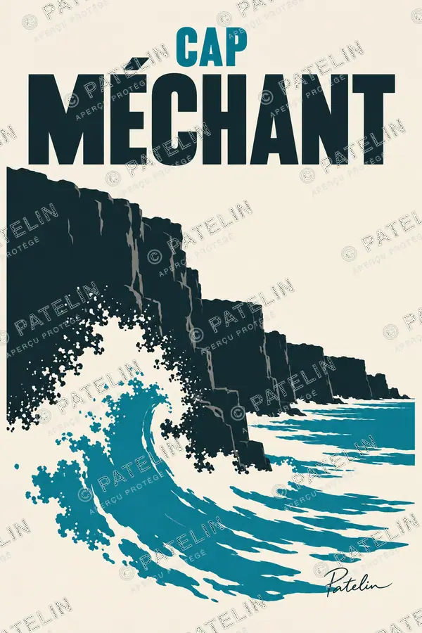 Illustration Cap Méchant — Les falaises volcaniques et les vagues, style Minimal