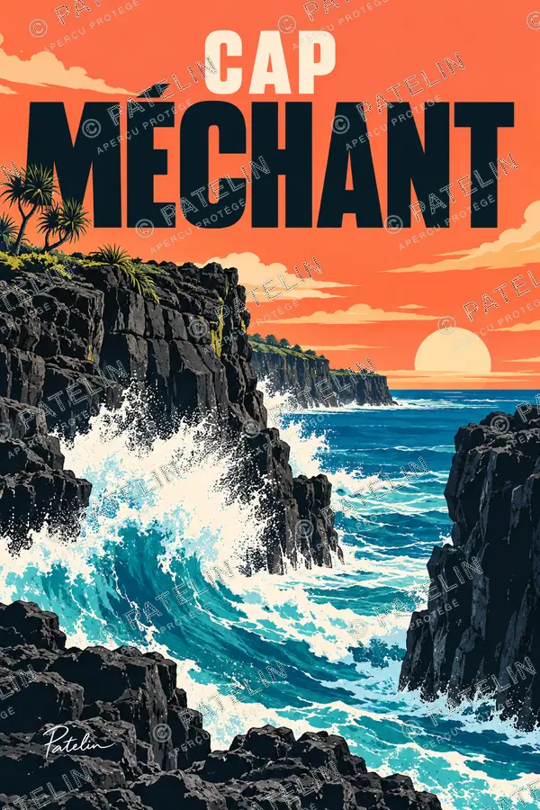 Illustration Cap Méchant — Les falaises volcaniques et les vagues, style Pop