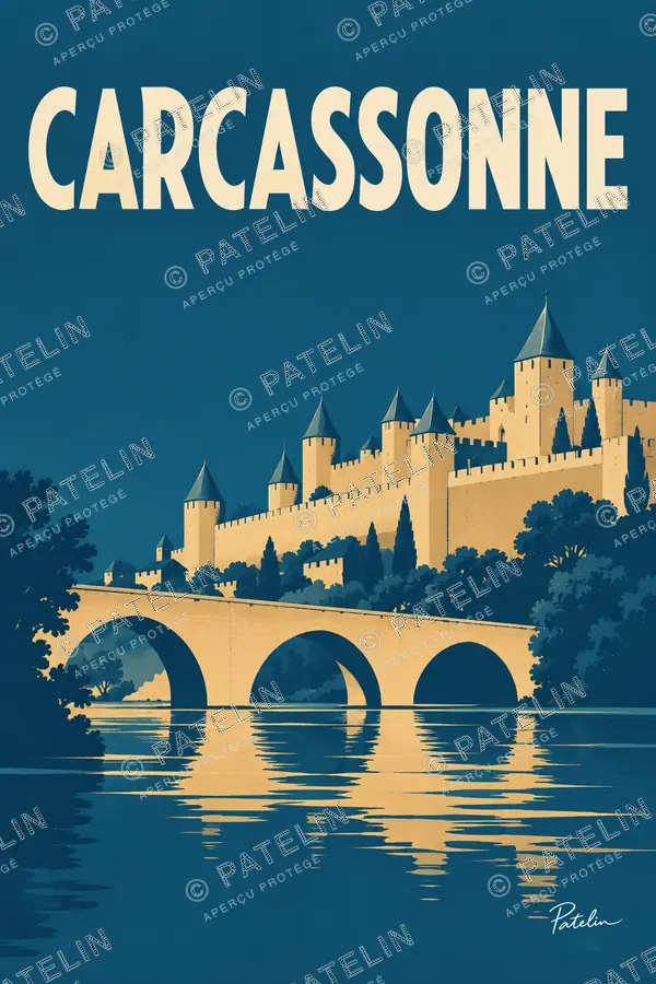 Illustration Carcassonne — Le pont et les remparts, style Minimal
