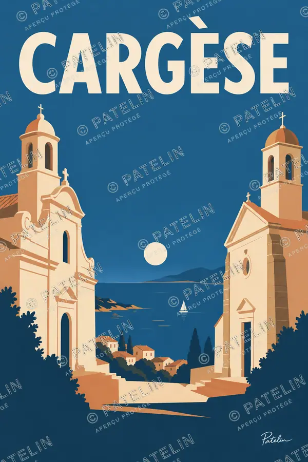 Illustration Cargèse — Les deux églises face à la mer, style Minimal