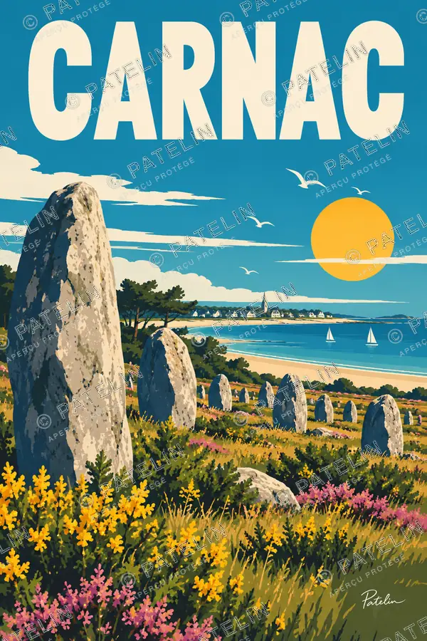 Illustration Carnac — Les menhirs face à la baie, style Pop