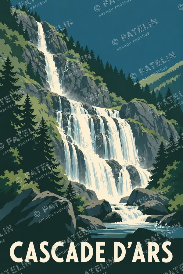 Illustration Cascade d’Ars — La cascade au milieu des arbres, style Minimal