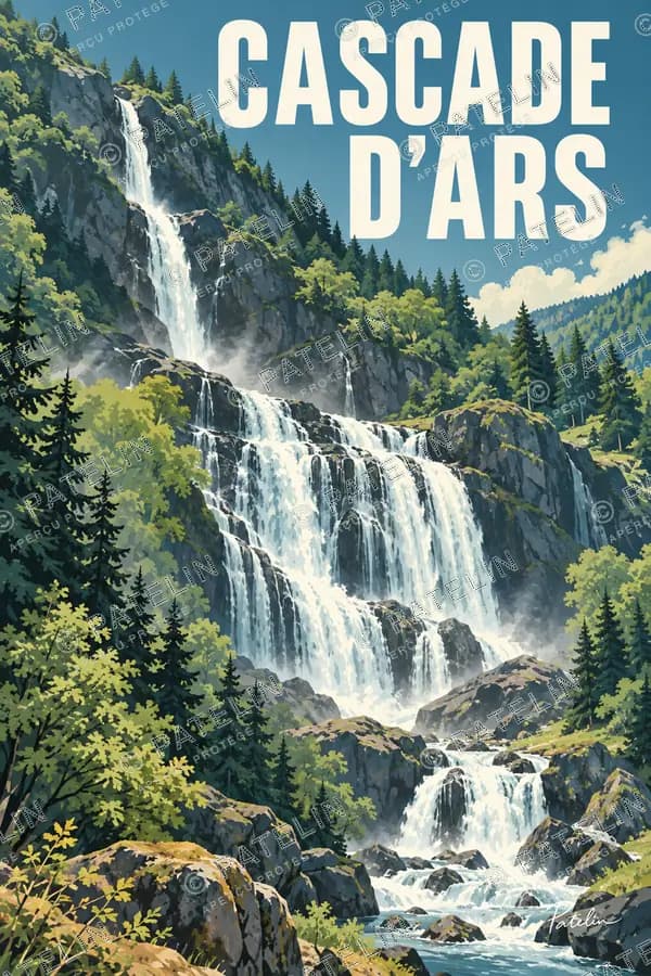 Illustration Cascade d’Ars — L’eau vive entre les versants boisés, style Pop