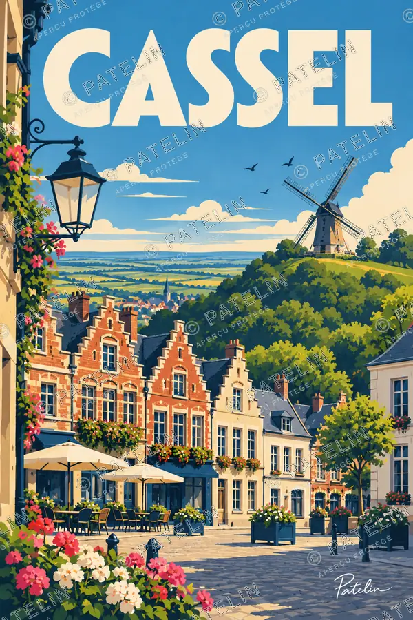 Illustration Cassel — Le moulin et le village, style Pop