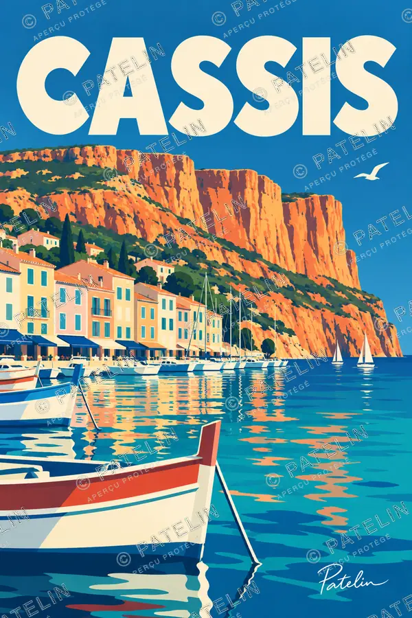Illustration Cassis — Le port et les falaises, style Pop