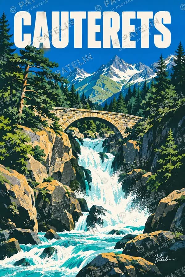Cauterets — Les cascades dans la forêt, illustration Pop