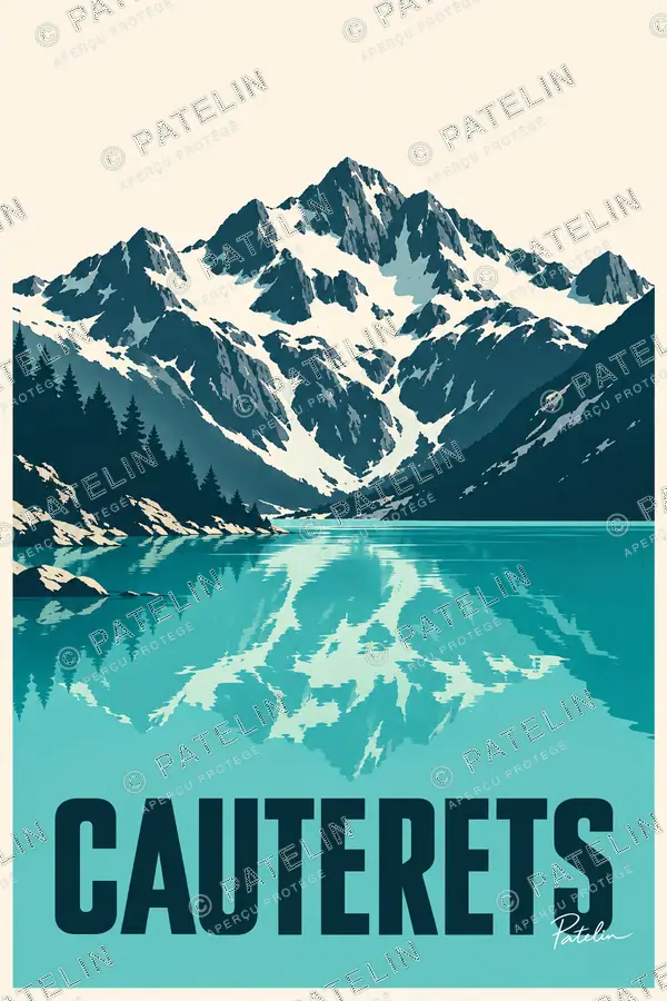 Illustration Cauterets — Le lac sous les sommets, style Minimal